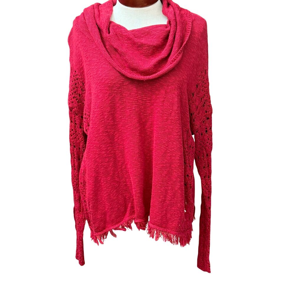 Chicos Size 3 Red Cowl Neck Knit Sweater Fringe Trim XL Casual Relaxed